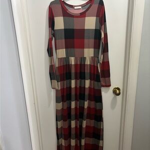 Reborn J Plaid Long Sleeve Dress - Red, Black, Cream